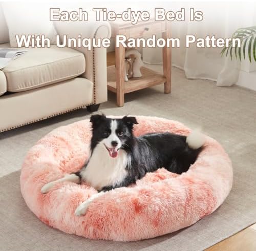42 in Faux Fur Donut Dog Bed for Large Plus Dogs, Tie-dye Pink - Image 6