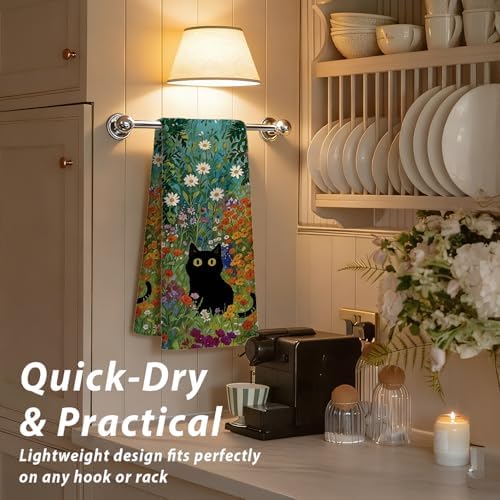 Black Cat Kitchen Towels, Cats Flower Decor - Image 7