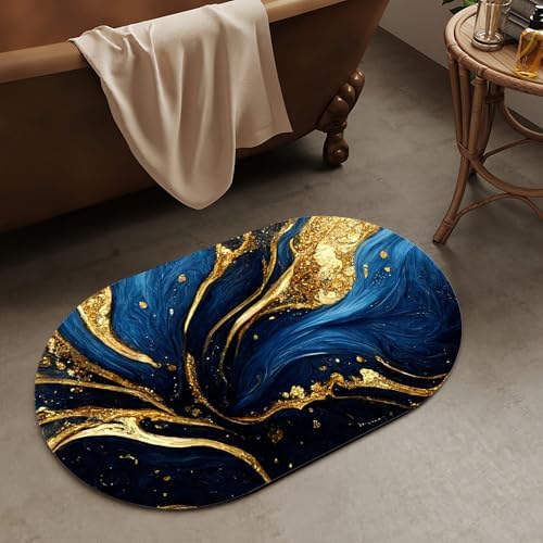 Blue and Gold Marble-Texture Super Absorbent Quick-Drying Bathroom Mat Rug - Image 2
