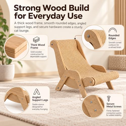 Cat Scratch Lounger Chair, Sisal Scratching & Wooden Frame Scratcher Bed - Image 6