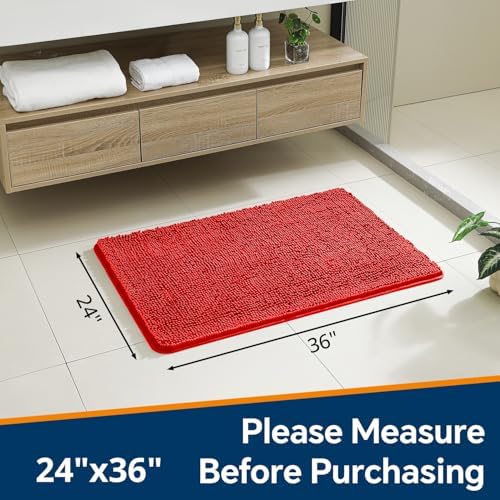 Chenille Bathroom Rug 24"x36" Red, Non-Slip Plush Bath Mat - Image 2