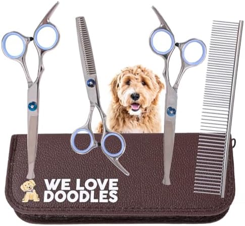 Dog Grooming Scissors Kit with Rounded Blunt Tips, Curved & Thinning Shears by WeLoveDoodles