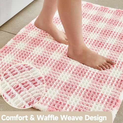 TYUU Waffle Bath Mat, Cute Bathroom Rugs Non Slip, 36x24 Pink & White - Image 3