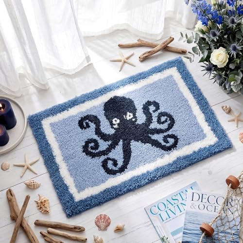 Boao Octopus Bathroom Rug Blue Tufted Non-Slip Bath Mat, 24 x 16 in - Image 3