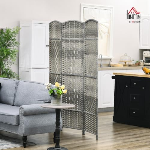 HOMCOM 3 Panel Room Divider 6 Ft Privacy Screen Hand-Woven Mixed Gray - Image 2