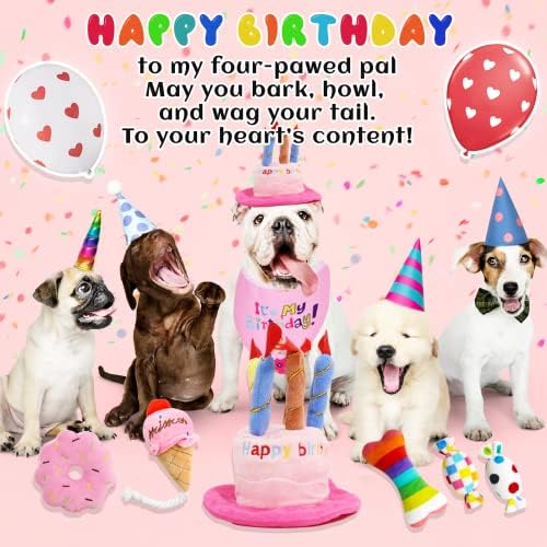 lilfrd 9Pcs Pink Dog Birthday Toy Set, Squeaky Hat Bandana Gift - Image 2