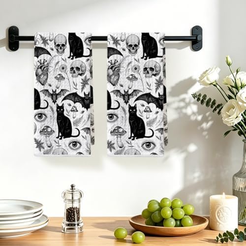 2 Pcs Skeleton Cat Kitchen Towels, Mushroom Durable Microfiber Tea Towels - Image 4
