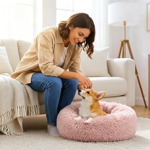 Calming Large Donut Dog and Cat Bed, Anti-Anxiety Round Soft Fluffy Plush Faux - Image 6