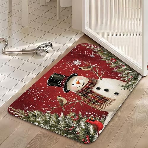 Christmas Snowman Bathroom Rugs, Non Slip Quick Dry Winter Cardinal Birds Bath - Image 5
