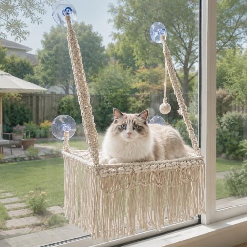Boho Macrame Cat Window Perch, Cat Window Hammock, 17.7”-11.8”-Metal Frame Beds by Kazazoo