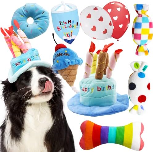 lilfrd 9Pcs Blue Dog Birthday Toy Set, Squeaky Hat Bandana Gift by Lilfrd