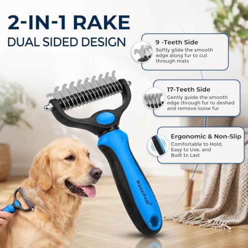 3-in-1 Pet Grooming Kit Rake Metal Comb & Bath Brush Blue - Image 2
