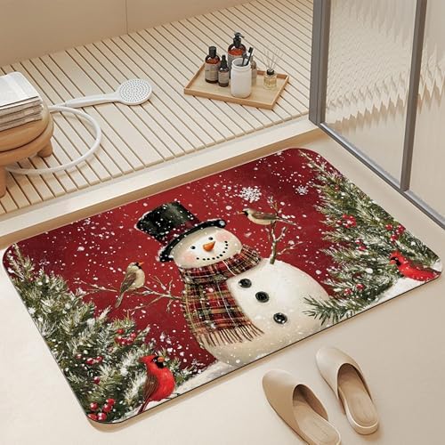 Christmas Snowman Bathroom Rugs, Non Slip Quick Dry Winter Cardinal Birds Bath by Unknown