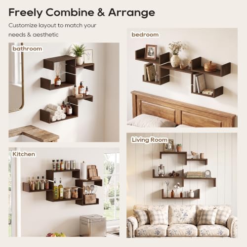 SRIWATANA Dark Walnut Floating Shelves, 5-Piece Set Wood Wall Storage Unit - Image 4
