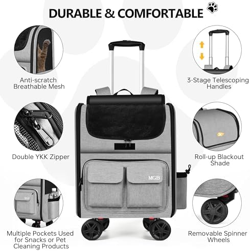 MGB Pet Carrier with Wheels, Rolling Cat Carrier Gray - Image 4