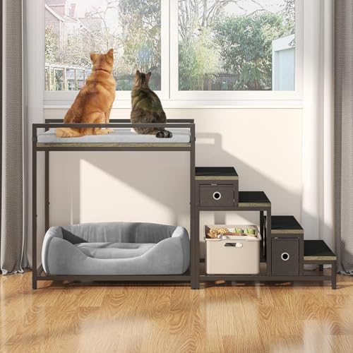 Saudism Pet Bunk Bed with Removable Stairs and 2 Drawers, Dogs/Cats Window Perch by Saudism