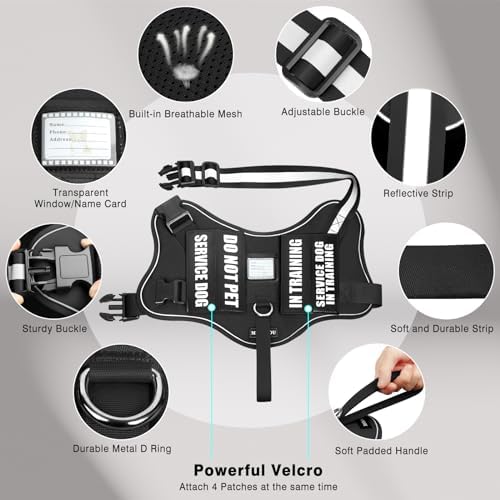 Service Dog Vest Harness and Leash Set+10 Patches, Easy Walk Black M - Image 4