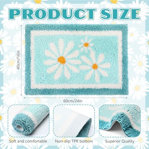 Boao Teal Daisy Coastal Bathroom Rug Tufted Non Slip Bath Mat 24x16 Inches - Image 2