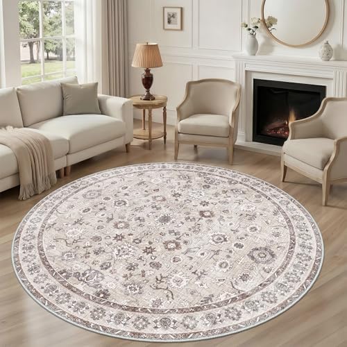 Round Rug 5ft Dining Room Rugs Soft Washable Low Pile Circle Carpet Beige - Image 5