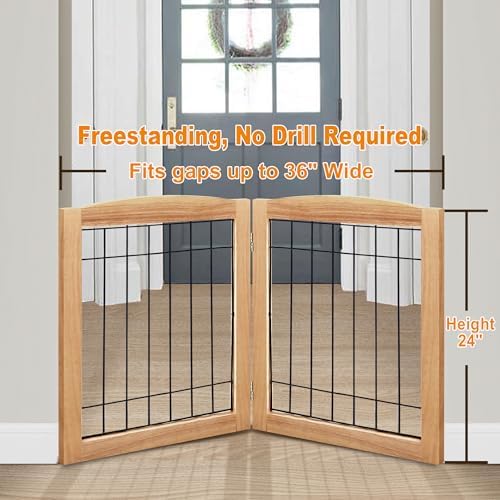 LZRS 2-Panel Freestanding Foldable Wood Dog Gate – Solid Wood & Steel Wire - Image 2