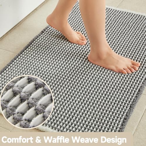 TYUU Waffle Bath Mat, Boho Bathroom Rugs Non Slip, 48x24 Grey & White - Image 3