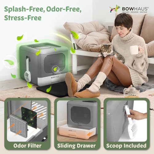 BOWHAUS Foldable Cat Litter Box w/Lid, Scoop & Mat, Drawer Design Cat Toilet - Image 6
