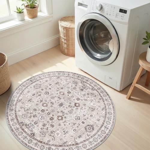 Washable Small Round Rug Soft Floral Low Pile Non Slip 2round Beige - Image 2