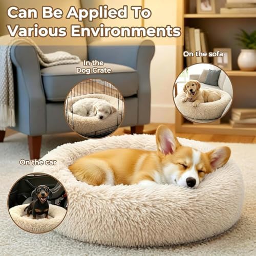 Calming Large Donut Dog and Cat Bed, Anti-Anxiety Round Soft Fluffy Plush Faux - Image 5