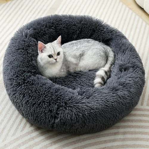 Cat Beds for Indoor Cats, Round Donut Small Dog Bed, Dark Gray - Image 3