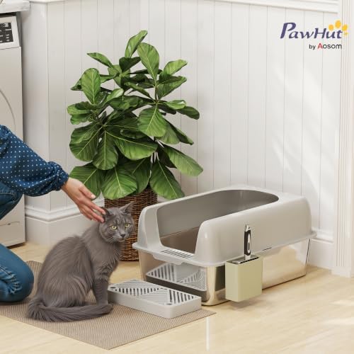 PawHut Stainless Steel Litter Box Easy Clean High Sided Scoop Light Gray - Image 2