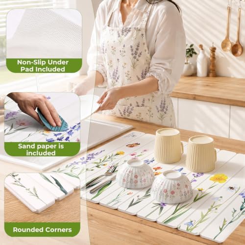 LOKHOM Stone Dish Drying Mat, 11.8"x15.7" Diatomaceous Earth Mat Floral - Image 4