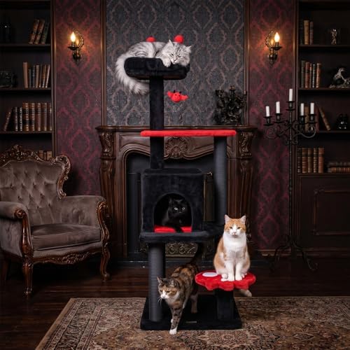 PETSITE 57-inch Gothic Cat Tree, Bat-Shaped Dangling Ball, Comfy Condo - Image 2
