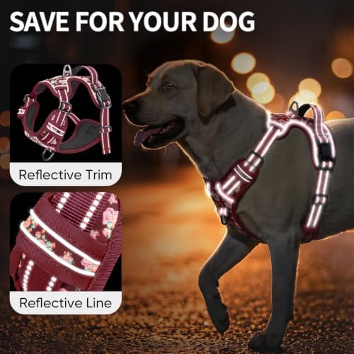 HEELE Large Dog Harness, Reflective, No Pull No Choke, Flower Burgundy - Image 3