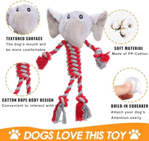 Elephant Rope Dog Toy, Plush Raccoon Squeaky Dog Toy, 2 Pack - Image 2