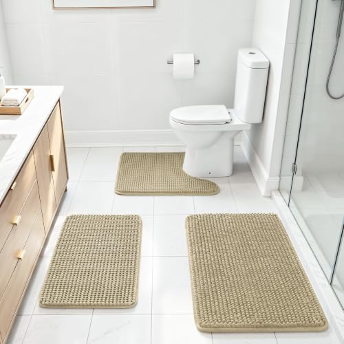 Ophanie Beige Bathroom Rugs Sets 3 Piece, Soft Chenille Bath Mat, Non Slip by Ophanie