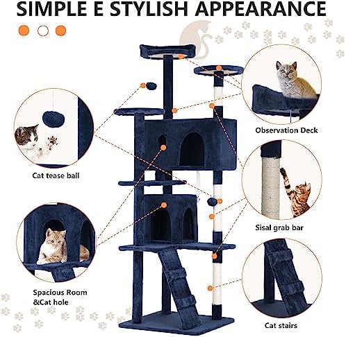 BestPet | 70" Cat Tree Tower | Navy Blue | Sturdy Multi-Level Cat Tree - Image 6