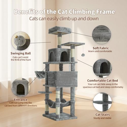 61 Inch Cat Tree with Platform & Hammock, Plush Perch Scratcher & Playhouse - Image 3