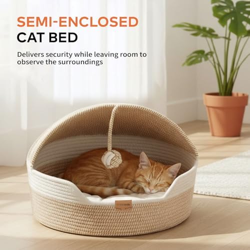 CHEERPALS Cat Basket Bed with Washable Cushion and Ball Rope Cotton, Covered - Image 6