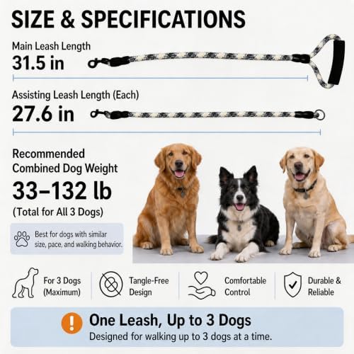 3 in 1 Dog Leash for 1-3 Dogs, 360° Swivel - Image 6