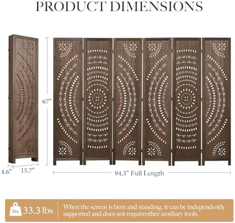 66.9Inch Folding Room Divider, 6 Panels Wood Carved Privacy Screens Free - Image 5