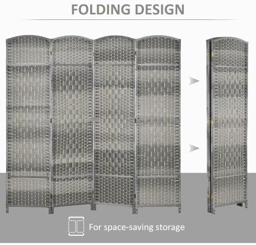 HOMCOM 4 Panel Room Divider 6 Ft Privacy Screen Hand-Woven Mixed Gray - Image 3
