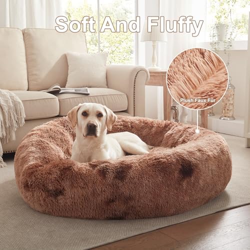 45 in Faux Fur Donut Dog Bed for Extra Large Dogs, Tie-dye Brown - Image 4