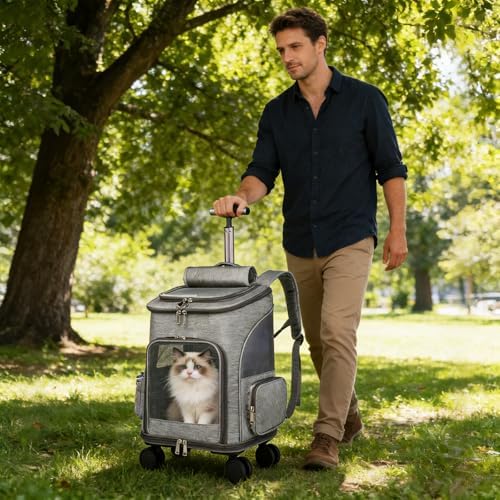 PETCUTE Wheeled Pet Carrier Backpack, Foldable 2-in-1 Pet Stroller, Travel - Image 2