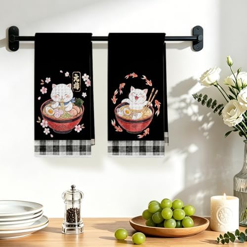 Hanamiya Na 2 Pcs Funny Japanese Cat Eating Ramen Kitchen Towels 24x14 Inch - Image 4