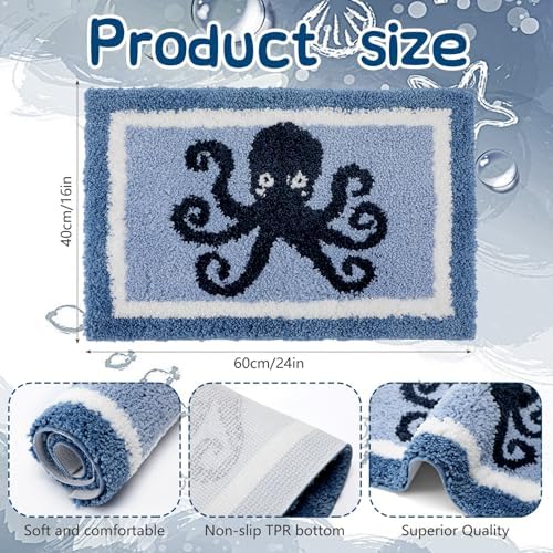 Boao Octopus Bathroom Rug Blue Tufted Non-Slip Bath Mat, 24 x 16 in - Image 2