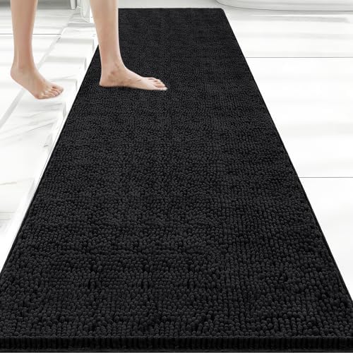Bcoimo Bath Rug Mat, 60x24 Chenille Non Slip Black Long Bathroom Runner Rug by Bcoimo