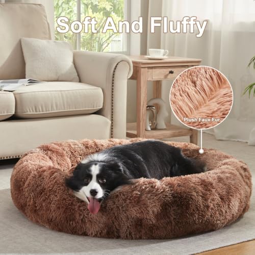 42 in Faux Fur Donut Dog Bed for Large Plus Dogs, Tie-dye Brown - Image 4