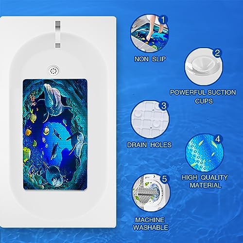 Navy Blue Non Slip Bath Tub Mat Ocean Shower Mat Non-Slip Cute Dolphin Blue Sea - Image 5