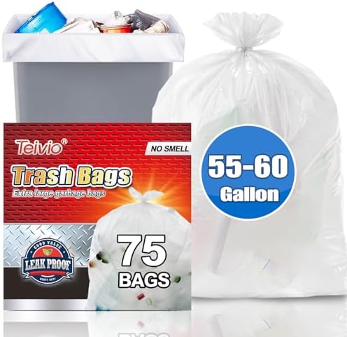 Teivio Large Clear Trash Bags 55-60 Gallon 75 Count 50+ Gal Garbage Bags by Teivio