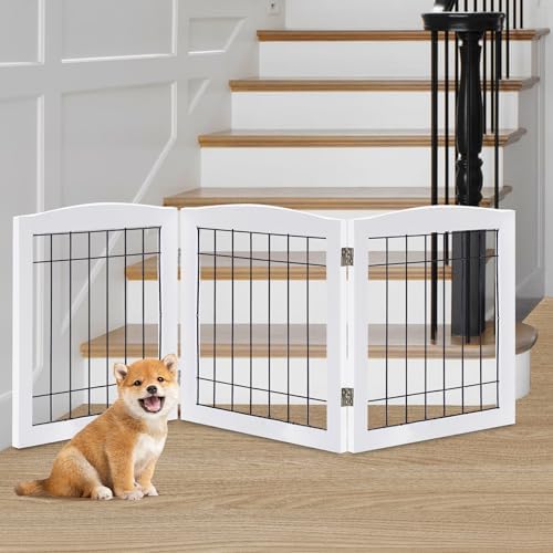 LZRS 3-Panel Freestanding Foldable Wooden Dog Gate –Solid Wood & Steel Wire by LZRSPET